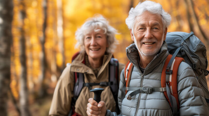 Two elderly people, smiling, actively walking in nature, wearing outdoor gear, showcasing a healthy, active lifestyle. Ai generative - obrazy, fototapety, plakaty