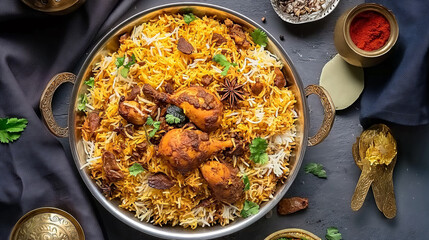 Chicken Biryani, Top View, Culinary Photography on Grey Background