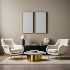 Two mockup frames in a living room, white arm chair