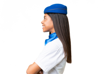 Airplane stewardess African american woman over isolated background in lateral position