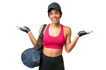 Young sport African american woman with sport bag over isolated background with shocked facial...