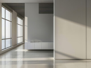 A minimalist kitchen with large windows and an empty wall. Ai generative illustration