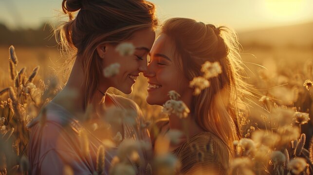 Young LGBTQ lesbian couple in love relationship concept, girlfriend embracing kissing together while walking together in spring field with golden hour sunset, a passionate moment in homosexual bonding
