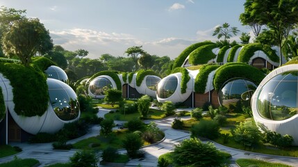 Futuristic Eco-friendly Cityscape Advanced Technologies Harmonizing with the Environment - obrazy, fototapety, plakaty