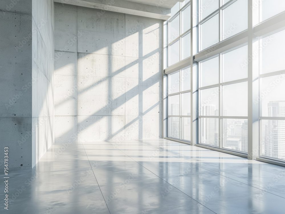 Poster a modern office interior with large windows casting shadows on an empty floor. ai generative illustr