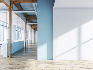 Obraz premium An empty office interior with concrete walls, wooden beams, and blank banner spaces. Ai generative illustration