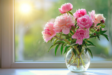 Bouquet of pink peonies in vase on windowsill