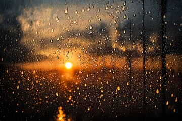 windows covered with raindrops with sunset back light