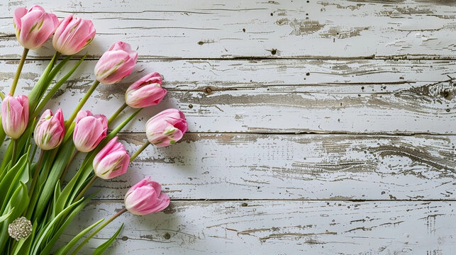 copy space, stockphoto, springtime pink tulips on white rustic wooden background for Mothers Day. Mother's day mockup. Spring time background, mockup. White rustic wooden background with tulips.