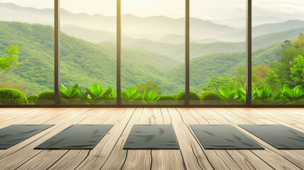 Yoga practice room with large windows showcasing a breathtaking mountain view, complete with yoga mats, a calm atmosphere. Ai generative