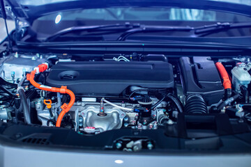 Selective focus to hybrid automotive industry part of modern new car engine room, Machine show all...