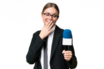 Young TV presenter caucasian woman  over isolated background with surprise and shocked facial expression