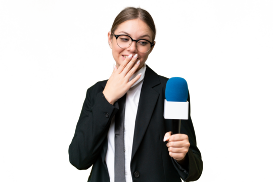Young TV presenter caucasian woman  over isolated background with surprise and shocked facial expression