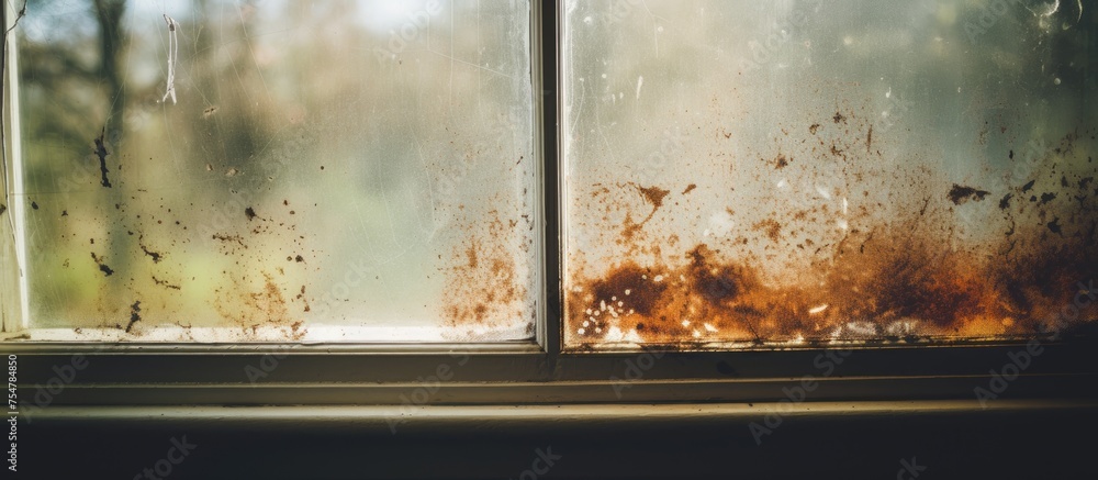Poster a window with rust on the glass, showcasing a grungy stain along the side of the windowsill. the rus