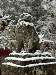 雪の積もった狛犬。静寂に包まれた冬の神社。