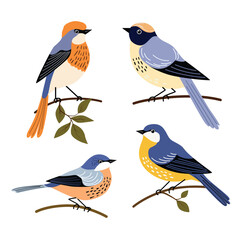 Set of decorative birds hand draw flat style