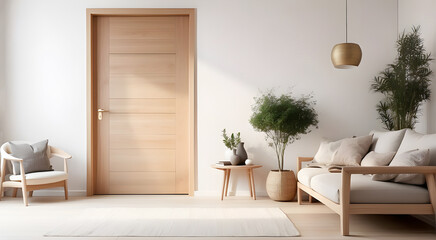 Close up of wooden door. Minimalist home interior design of  living room. - obrazy, fototapety, plakaty