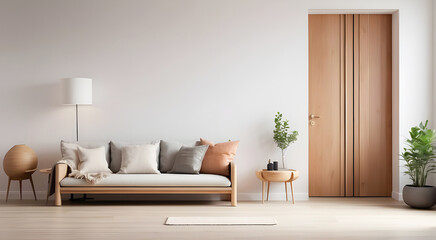 Close up of wooden door. Minimalist home interior design of  living room.