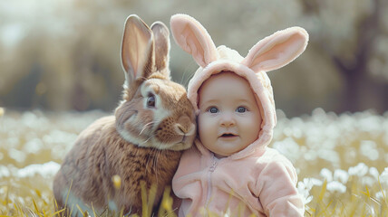 happy little baby wearing cute rabbit costume with easter bunny in the park - obrazy, fototapety, plakaty