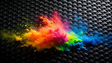 Rainbow Hued Powder Explosion on Dark Textured Surface. Black knit texture on the background....