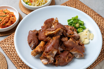 Korean food, jokbal, oriental medicine, pork, boiled pork, cold vegetables, maeyang, tray, noodles, mini, green onion pancake, mung bean pancake, red pepper pancake, side dish, salted shrimp