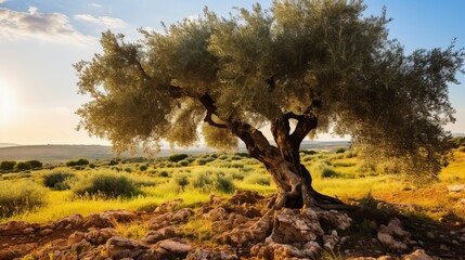 A Mediterranean olive field featuring an old olive tree, ready for harvest, is depicted.