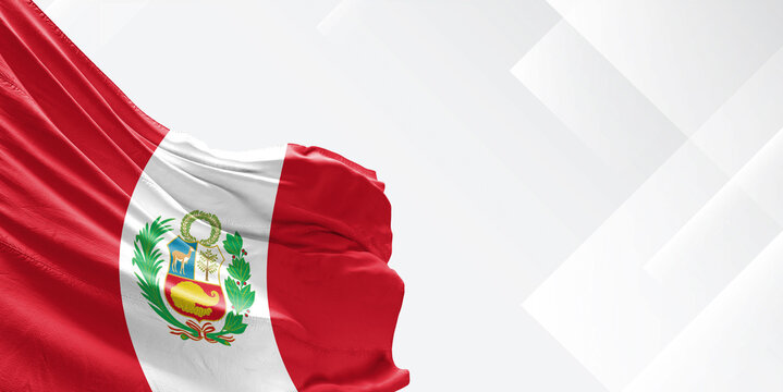 Peru national flag cloth fabric waving on beautiful white Background.