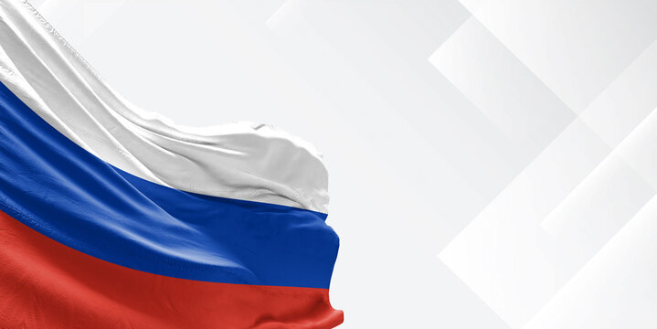Russian ational flag cloth fabric waving on beautiful white Background.
