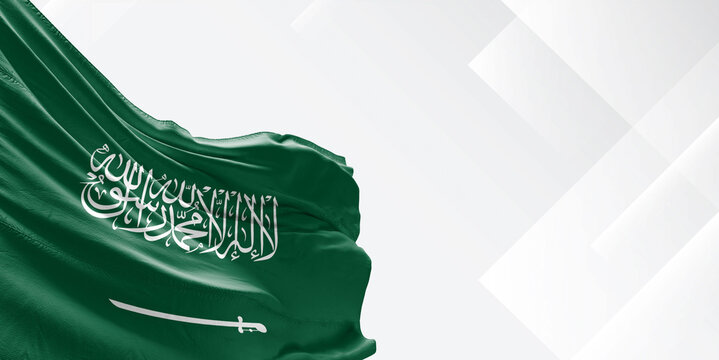 Saudi Arabia national flag cloth fabric waving on beautiful white Background.