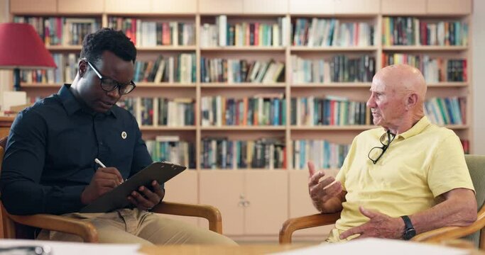 Elderly, man and therapist with counseling for mental health with discussion, healthcare checklist and writing results. Psychology, senior person and medical professional with talking or hand gesture