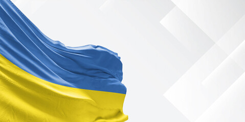 Ukraine national flag cloth fabric waving on beautiful white Background.