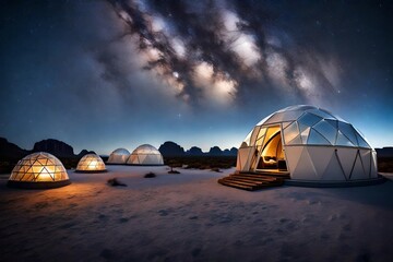 Modern igloo tents designed for luxury desert camping, set against a twilight sky filled with stars.Geodesic domes
