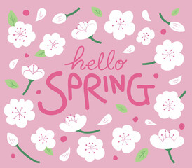 Hello spring illustration with spring flower hand drawing design