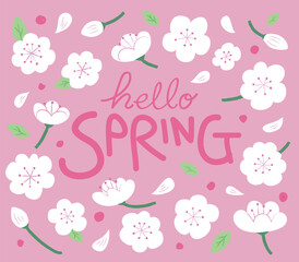 Hello spring illustration with spring flower hand drawing design