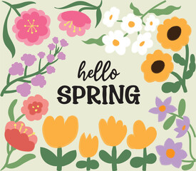 Hello spring illustration with spring flowers hand drawing design