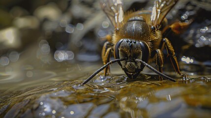 A bee drinking from a water source, captured in a close-up macro shot.