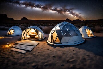 Modern igloo tents designed for luxury desert camping, set against a twilight sky filled with stars.Geodesic domes - obrazy, fototapety, plakaty