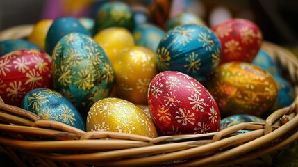 Fototapeta na wymiar Vibrantly hued Easter eggs in a basket.