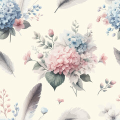 Gentle watercolor floral seamless pattern with hydrangea flowers and feather on white background.
