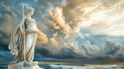 A magnificent statue of Athena, the ancient greek goddess of wisdom, craft, and warfare