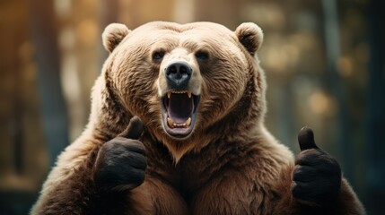 Fototapeta premium Portrait of friendly bear making thumbs up.