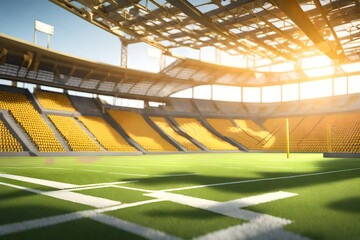 A 3D rendering of a football arena with yellow goal posts, grass fields, and blurred fans at the...