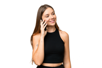 Young blonde woman over isolated chroma key background keeping a conversation with the mobile phone with someone