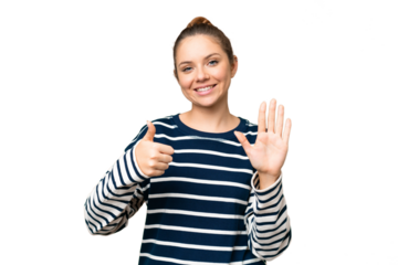 Young blonde woman over isolated chroma key background counting six with fingers