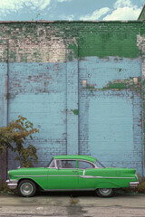 Green vintage car on brick wall background