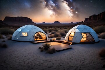 Modern igloo tents designed for luxury desert camping, set against a twilight sky filled with...