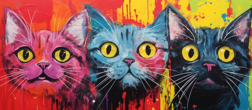 Three cats with yellow eyes are depicted in a painting. The cats have expressive faces resembling that of humans, showcasing various emotions. The artwork is set against a colorful background