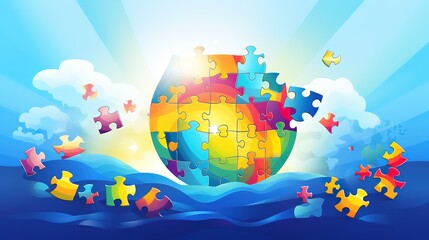 World Autism Awareness Day, jigsaw puzzles and cartoon boy holiday promotional illustrations,AI...