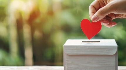 Someone put a red heart into the charity box to symbolize a sincere donation. Generate AI image - obrazy, fototapety, plakaty