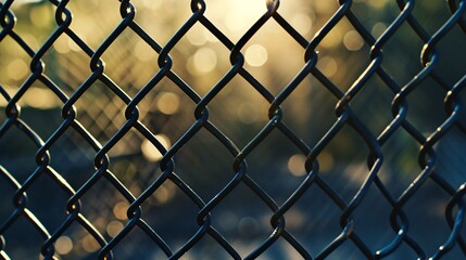 Steel mesh pattern illuminated by sunlight with intricate fence details in the background.